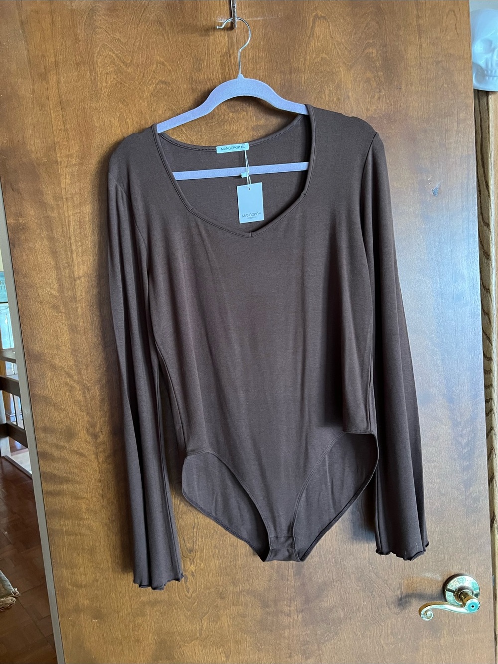 Mangopop Chocolate Brown Long-Sleeve Scoop Neck Bodysuit